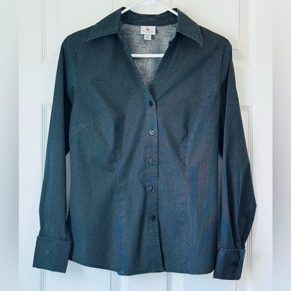 Worthington Stretch Black and White Polka dot Button Down - Picture 1 of 8
